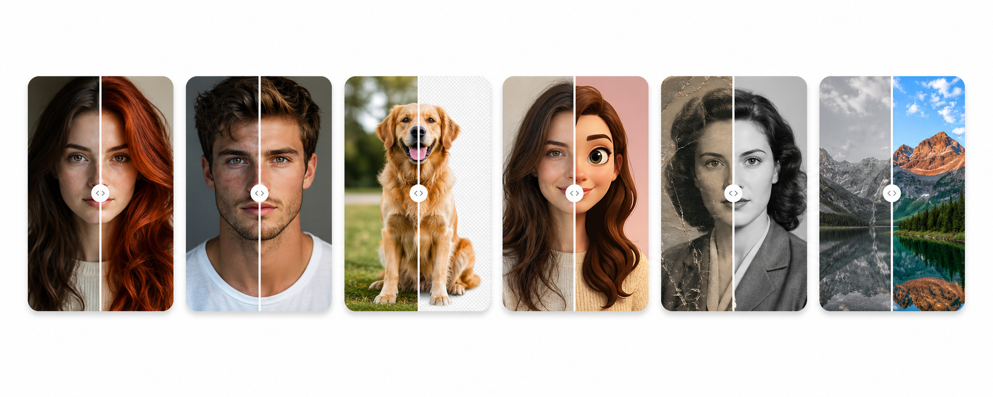 Six AI before and after examples including hair transformation, portrait enhancement, background removal, cartoon style, restoration, and landscape color enhancement